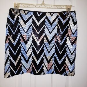 Buttons Multi Color Chevron Sequin Mini Skirt L - Party Festival NYE Geometric